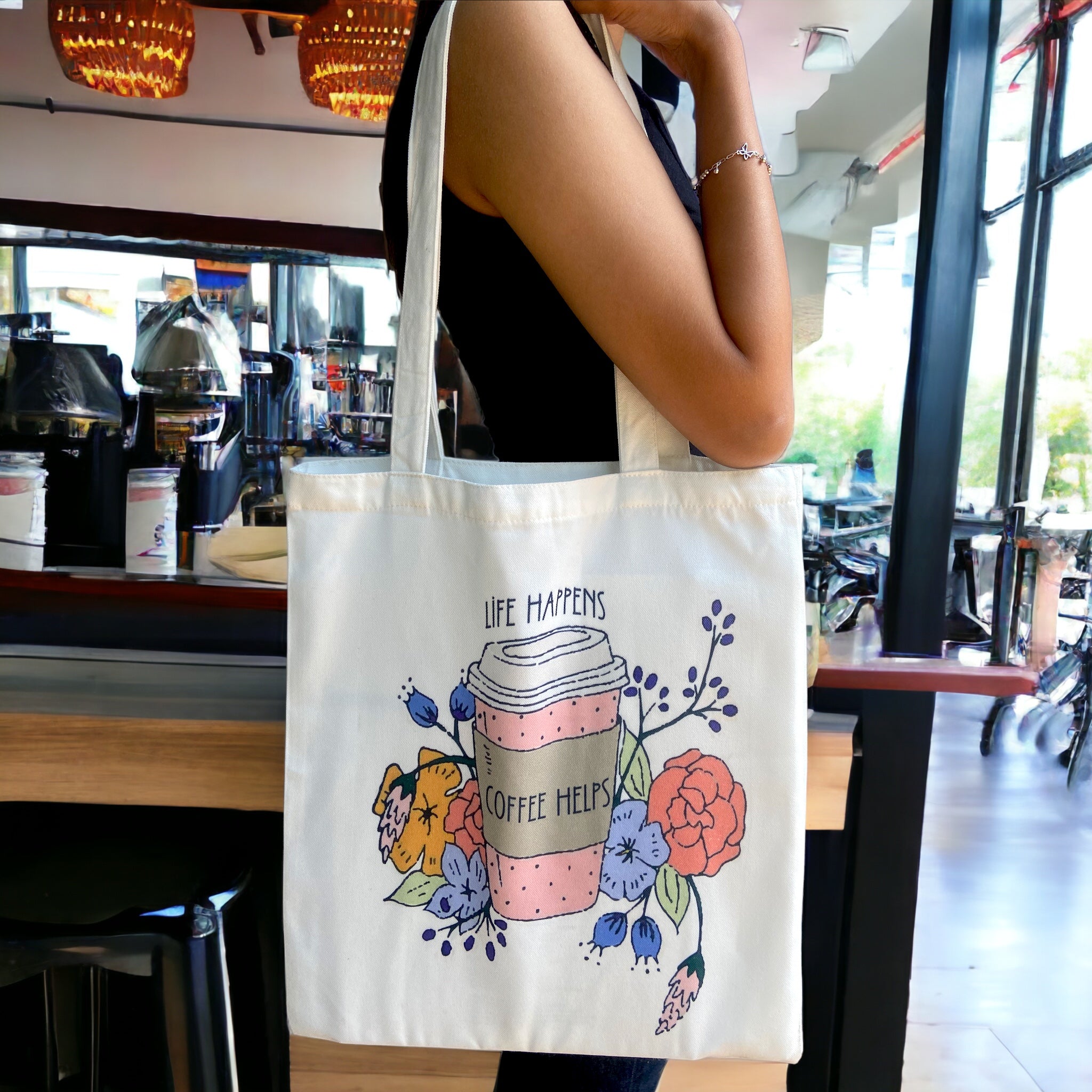 Tote Bag – Life Happens Coffee Helps | Motivational Coffee Lover Bag