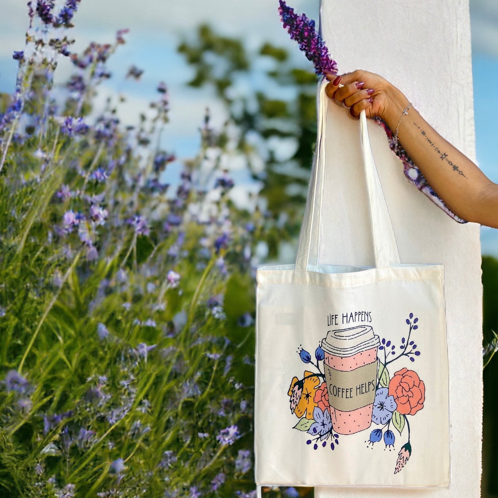 Tote Bag – Life Happens Coffee Helps | Motivational Coffee Lover Bag