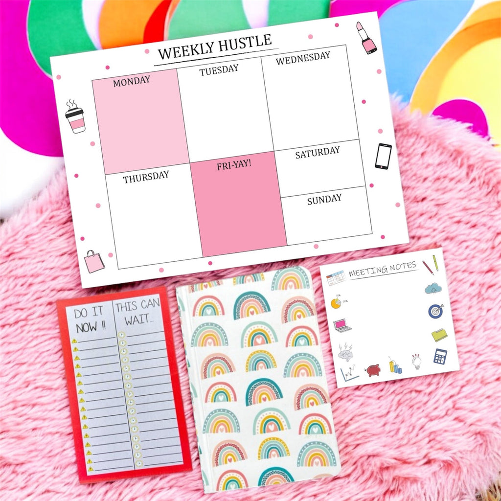 Ultimate Stationery Combo – Hustle & Glow | Weekly Planner + To-Do Pads + Notebook