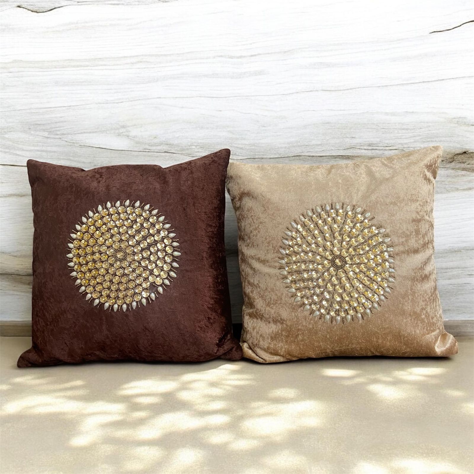 Celestial Aura Crystal Embellished Velvet Cushion Cover Set – Embroidered Luxe Home Decor