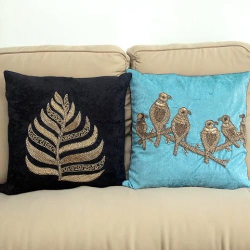 Black Luxe Palm and Azure Songbirds Embellished Velvet Cushion Cover Set – Embroidered Luxe Home Decor