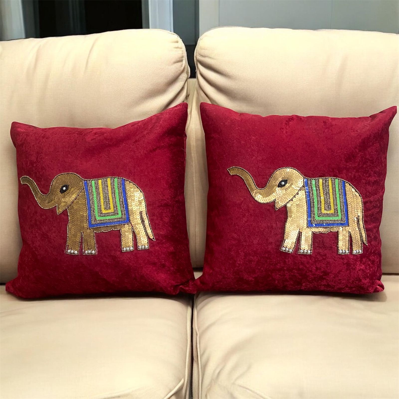 Rajwada Elephant Embellished Velvet Cushion Cover Set – Embroidered Luxe Home Decor