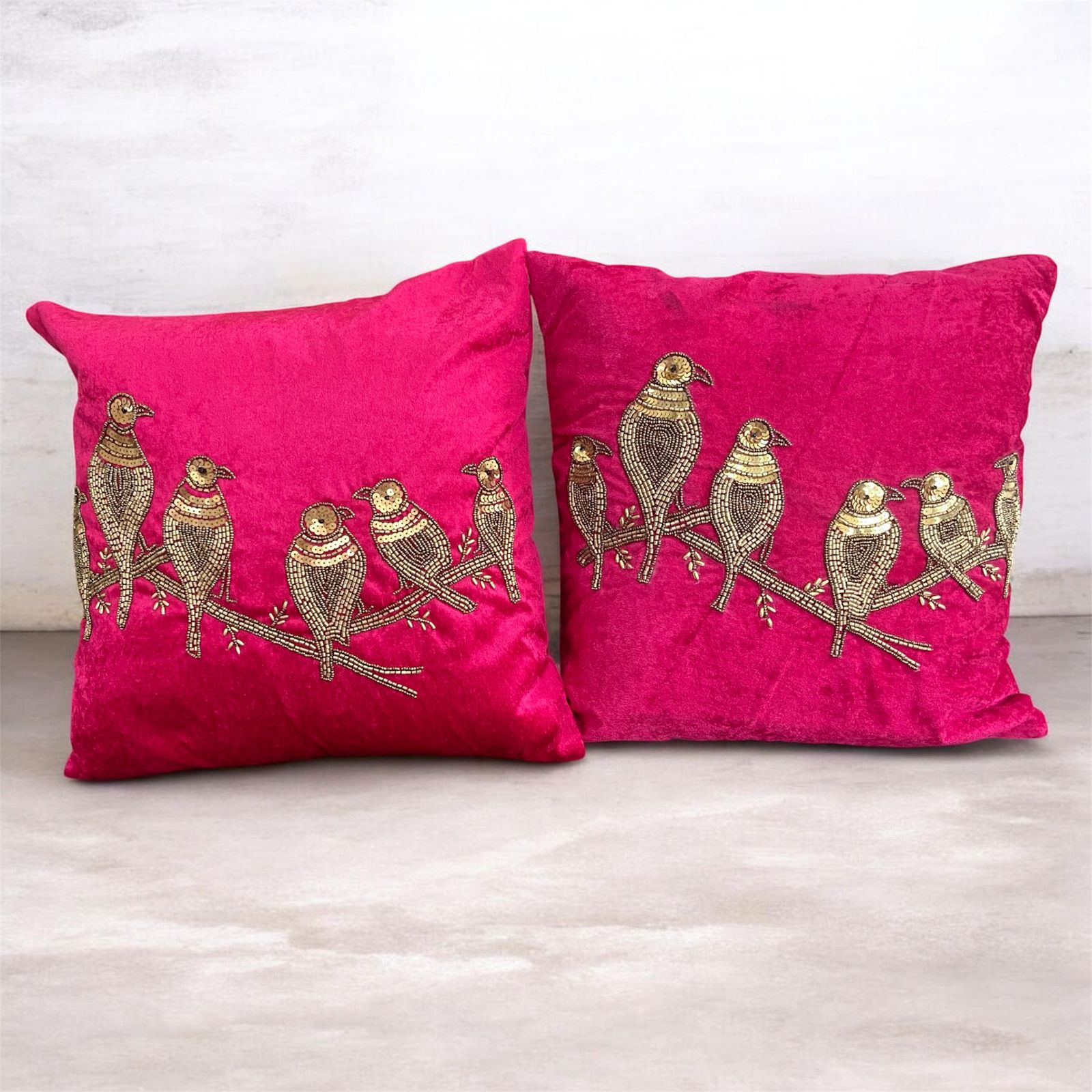 Magenta Songbirds Velvet Cushion Cover Set – Embroidered Luxe Home Decor