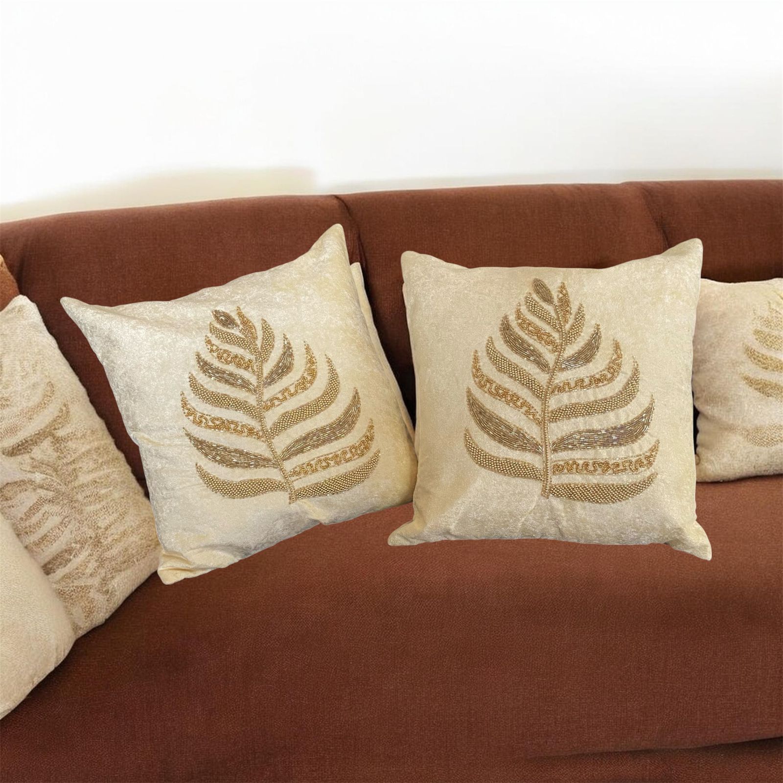 Ivory Luxe Palm Embellished Velvet Cushion Cover Set – Embroidered Luxe Home Decor