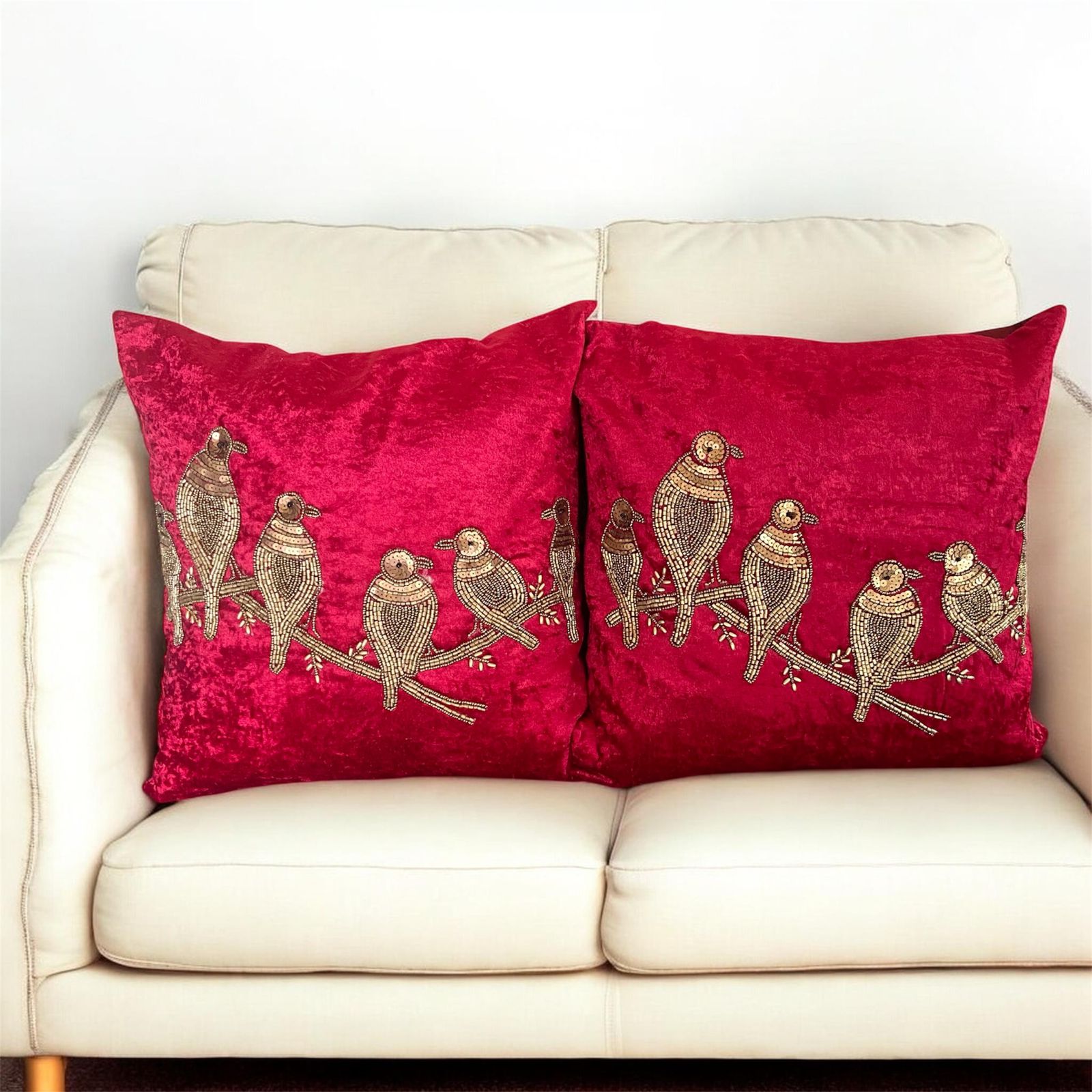Crimson Songbirds Velvet Cushion Cover Set – Embroidered Luxe Home Decor